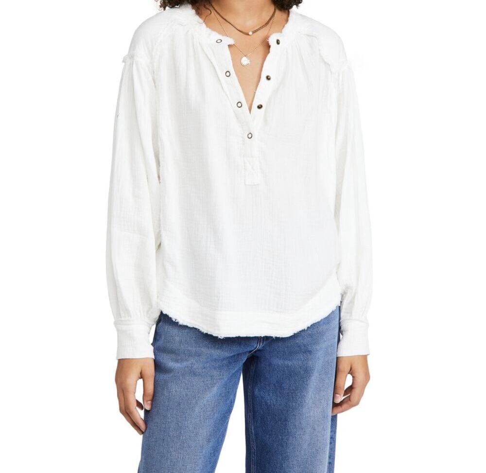 Free People We The Free Top Pullover Flowy White Cotton Gauze Long Sleeves Med